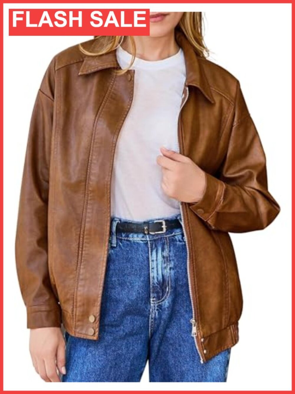 Oversized Faux Leather Bomber Jacket Zip Up Moto Street Coat